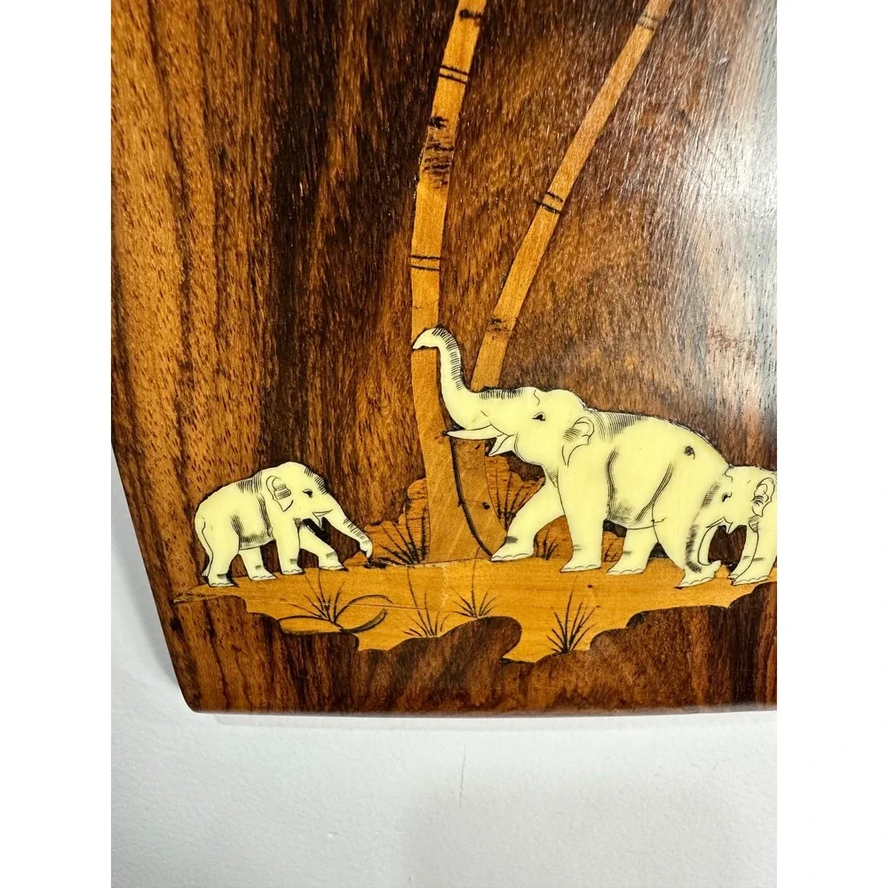 Vintage Wood Marquetry Wall Art Plaque‎ Elephant Palm Tree Inlay Brown Safari
